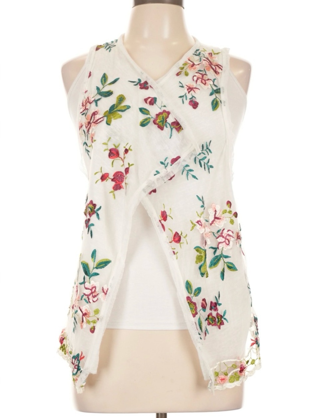 LOLA Boho Embroidered Floral Sheer Knit Mesh Open Front Vest Size M/L
